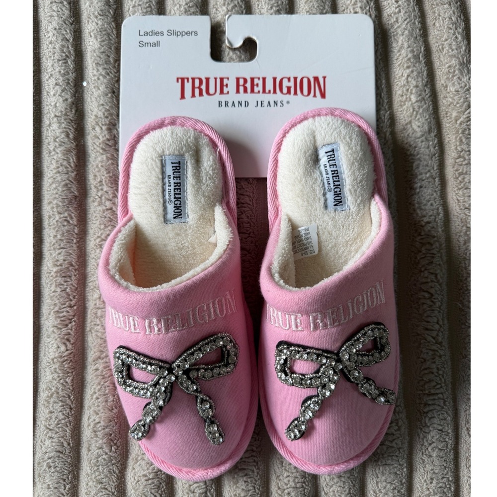 True Religion Pink Rhinestone Bow Slippers Faux Fur Lined Small 5-6 Scuff Slides